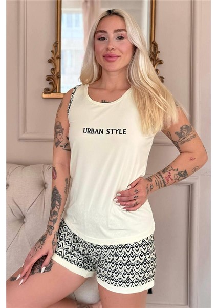 Krem Urban Style Desenli Sıfır Kol Şortlu Örme Kadın Pijama Takımı
