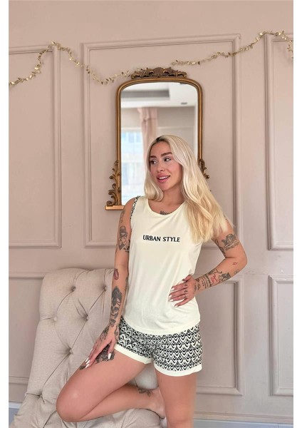 Krem Urban Style Desenli Sıfır Kol Şortlu Örme Kadın Pijama Takımı fiyatları
