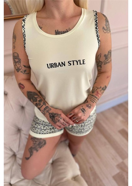 Krem Urban Style Desenli Sıfır Kol Şortlu Örme Kadın Pijama Takımı indirimleri