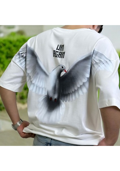 Erkek Baskili Oversizet-Shirt Beyaz