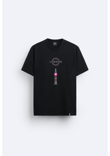 Londro London Baskılı Bisiklet Yaka Normal Kalıp Siyah Tişört T-Shirt