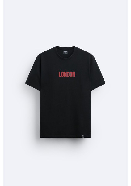 Londro London Baskılı Bisiklet Yaka Normal Kalıp Siyah Tişört T-Shirt