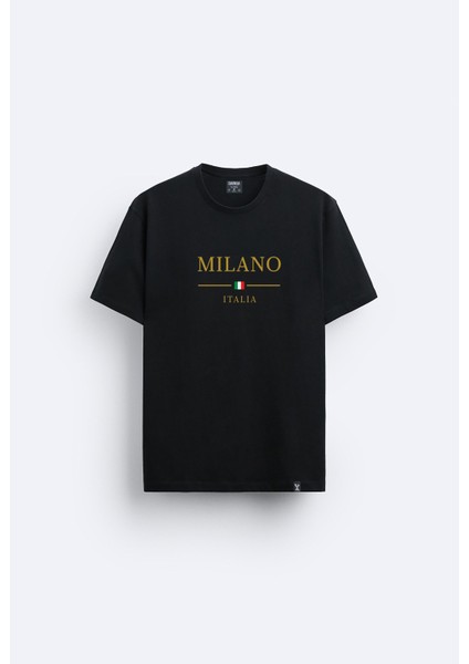 Italya Italia Milano Baskılı Bisiklet Yaka Normal Kalıp Siyah Tişört T-Shirt