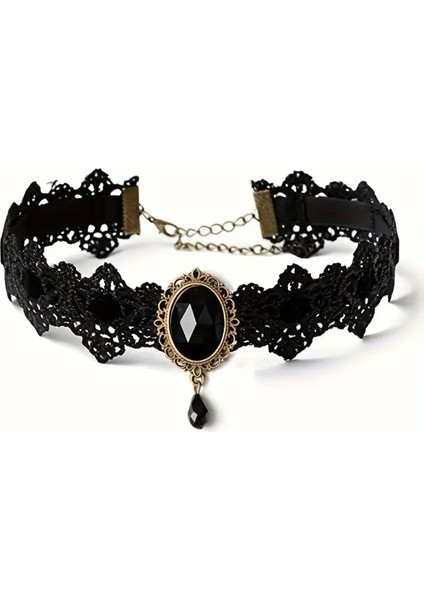 Siyah Taşlı Dantelli Kolye