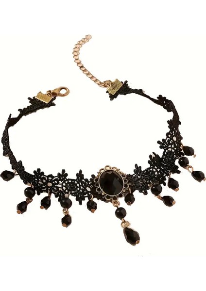 Siyah Taşlı Dantelli Kolye fiyatları