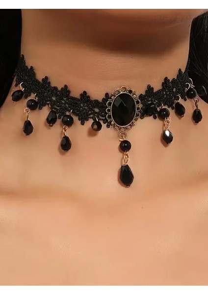 Siyah Taşlı Dantelli Kolye modelleri