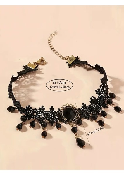 Siyah Taşlı Dantelli Kolye fırsatları