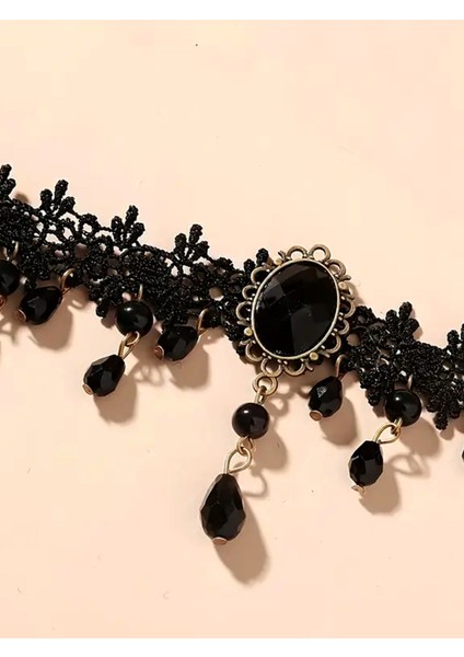 Siyah Taşlı Dantelli Kolye indirimleri