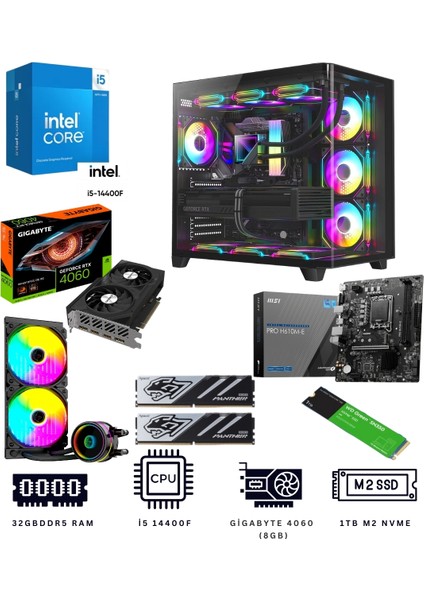 Black Ocean 32X I5 14400F 32GB Ddr5 1tb Nvme M.2 RTX4060 Ekran Kartlı Oyuncu Bilgisayarı