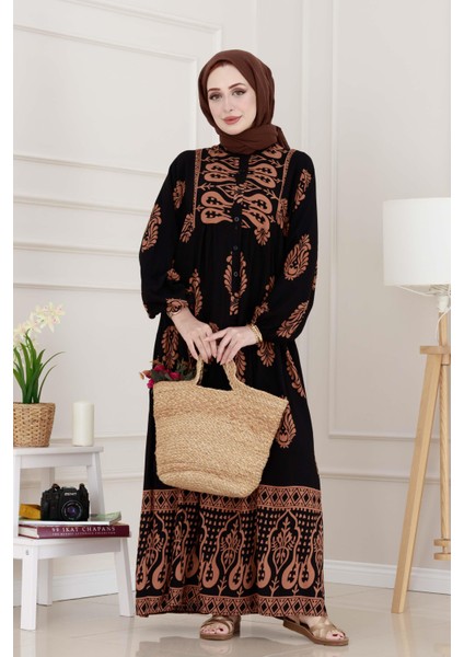 Yarım Düğmeli Robalı Amine Elbise-Siyah