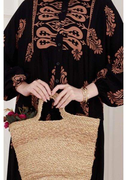 Yarım Düğmeli Robalı Amine Elbise-Siyah fırsatları