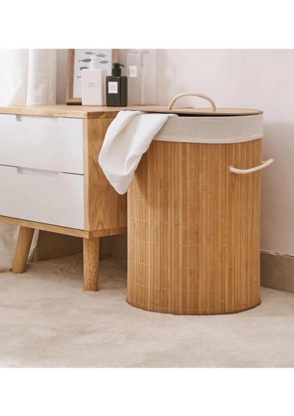Oval Banyo Doğal Bambu Renkli Beyaz Çamaşır Kirli Sepeti - Oyuncak Sepeti