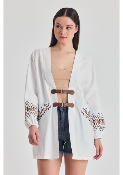 Beyaz Deri Kemer Detaylı Etnik Desenli Kimono 4363A