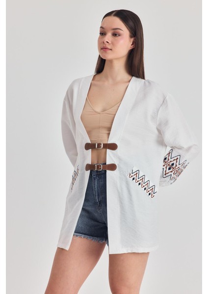 Beyaz Deri Kemer Detaylı Etnik Desenli Kimono 4363A modelleri