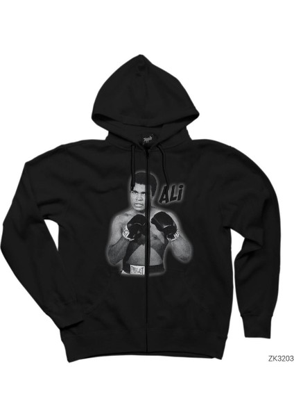 Muhammed Ali Poster Siyah Fermuarlı Kapşonlu Sweatshirt