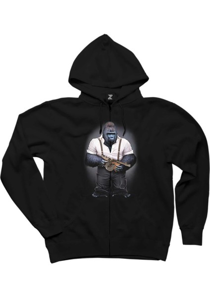 Goril Mafia Siyah Fermuarlı Kapşonlu Sweatshirt