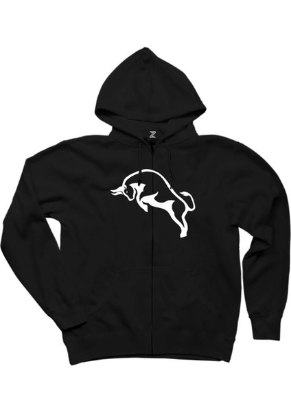 Boğa Siluet Siyah Fermuarlı Kapşonlu Sweatshirt