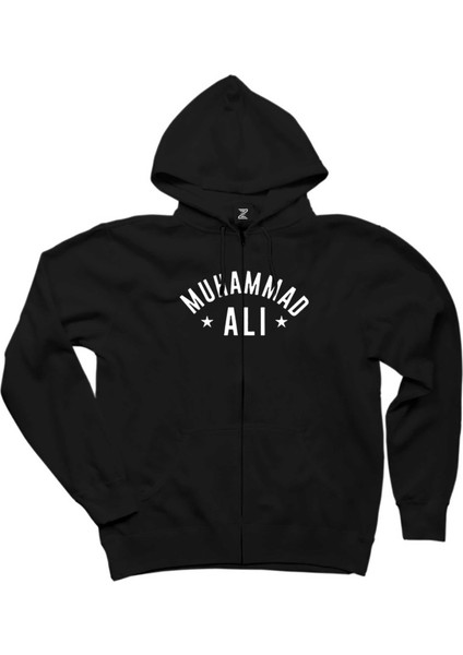 Muhammed Ali Text Siyah Fermuarlı Kapşonlu Sweatshirt