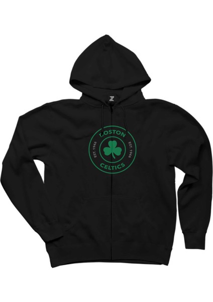 Boston Celtics Logo Siyah Fermuarlı Kapşonlu Sweatshirt