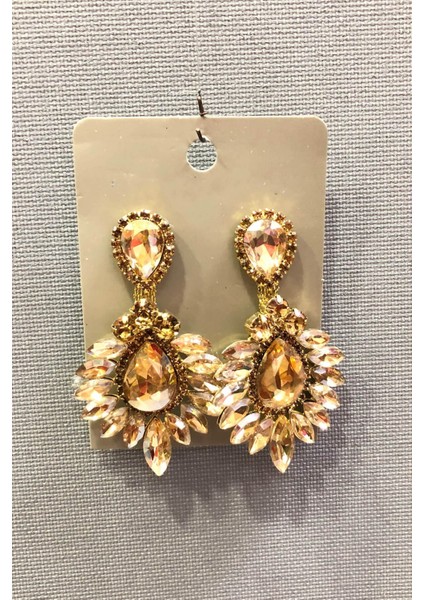 Bal Rengi Kristal Taşlı Altın Sarısı Oval Küpe