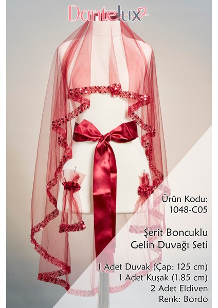 Şerit Boncuklu Gelin Duvağı Seti (Kına Örtüsü + Gelin Kuşağı + Kına Eldiveni) Bordo