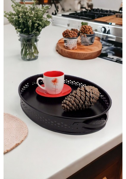 Rustik Galvaniz Metal Kulplu Örgü Desenli Siyah Oval Tepsi 40CM, Ev Dekorasyonunuzu Rustik Şıklık