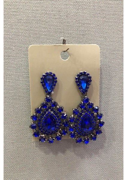 Saks Mavisi Kristal Taşlı Koyu Gri Oval Küpe