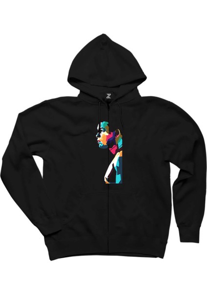 Muhammed Ali Portre Siyah Fermuarlı Kapşonlu Sweatshirt