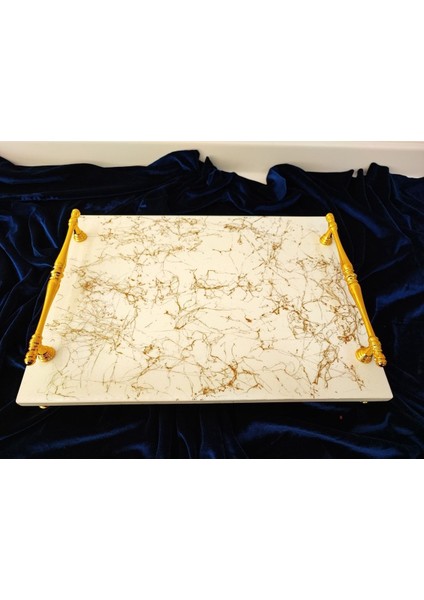 Beyaz Üzerine Gold Damarlı Gold Kulp ve Ayaklı Sunumluk
