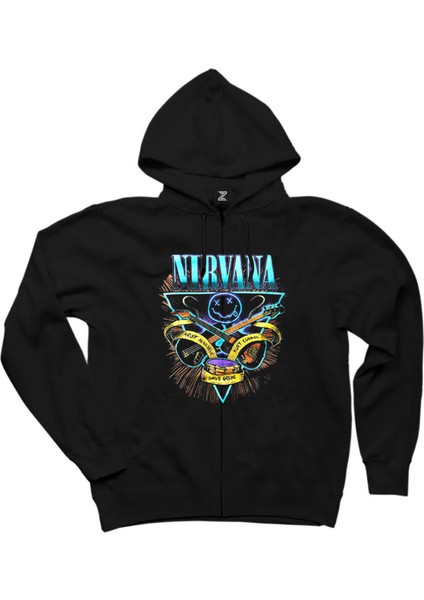 Nirvana Poster Siyah Fermuarlı Kapşonlu Sweatshirt