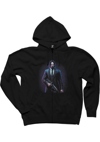 John Wick Art Classic Siyah Fermuarlı Kapşonlu Sweatshirt