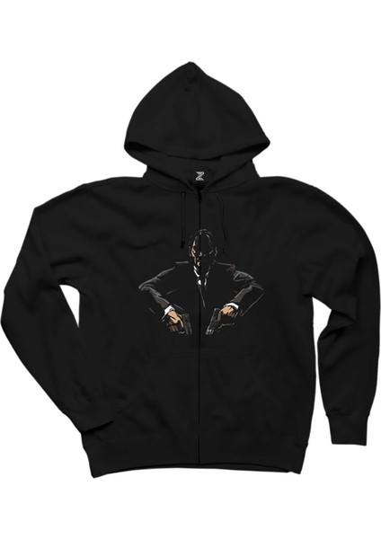 John Wick Minimal Siyah Fermuarlı Kapşonlu Sweatshirt