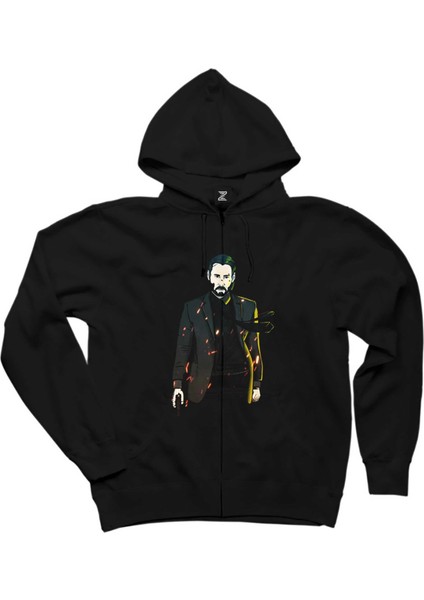 John Wick Graphic Design Siyah Fermuarlı Kapşonlu Sweatshirt