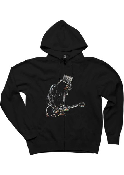 Slash Siluet Guitar Siyah Fermuarlı Kapşonlu Sweatshirt