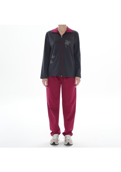 Kadın Antrasit Ceketli Taş Baskılı Eşofman Takımı (Büyük Beden Seçeneğiyle)