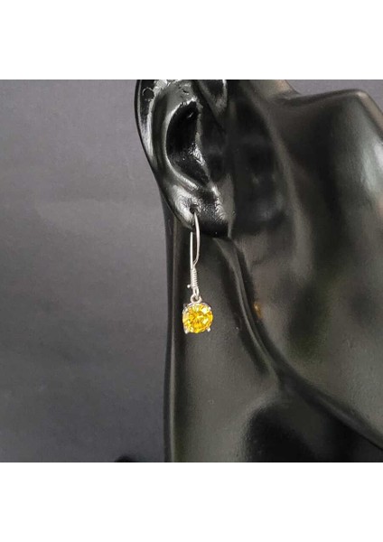 925 Ayar Gümüş Yuvarlak Büyük Boy Sarı Sitrin Taşlı Küpe