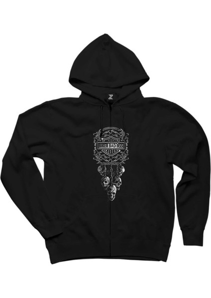 Motorcycle Club Skull Siyah Fermuarlı Kapşonlu Sweatshirt