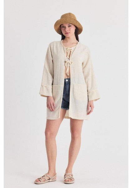 Natural Yaka Örgü Trim Detaylı Bağcıklı Kimono 4411A