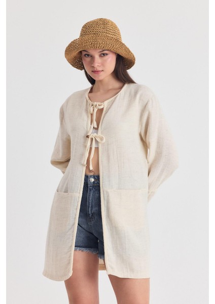 Natural Yaka Örgü Trim Detaylı Bağcıklı Kimono 4411A fiyatları