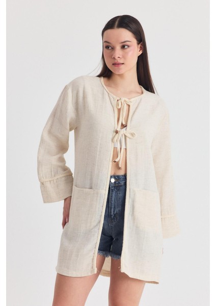 Natural Yaka Örgü Trim Detaylı Bağcıklı Kimono 4411A modelleri