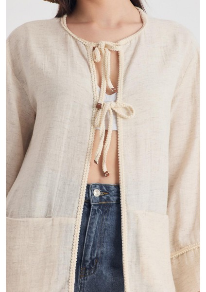 Natural Yaka Örgü Trim Detaylı Bağcıklı Kimono 4411A fırsatları