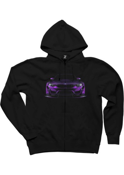 Bmw Violet Car Siyah Fermuarlı Kapşonlu Sweatshirt