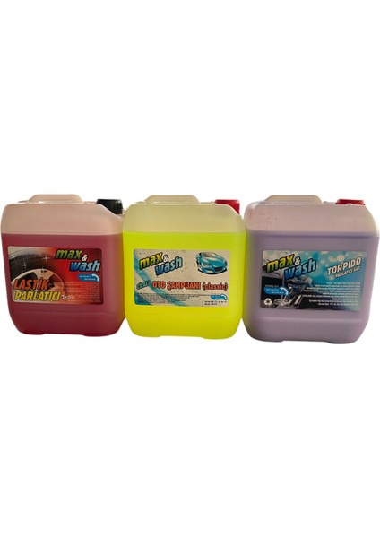 Max Wash 3lü set Oto şampuan.Lastik parlatıcı.Torpido bakım sütü gold seri 4kg