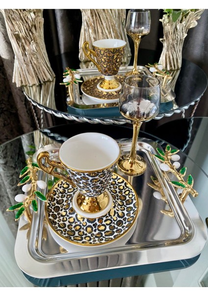 6 Adet Kahve & Çay & Sunum Tepsisi Gümüş Tepsi Yeşil Zeytin Dalı Dökümlü fırsatları