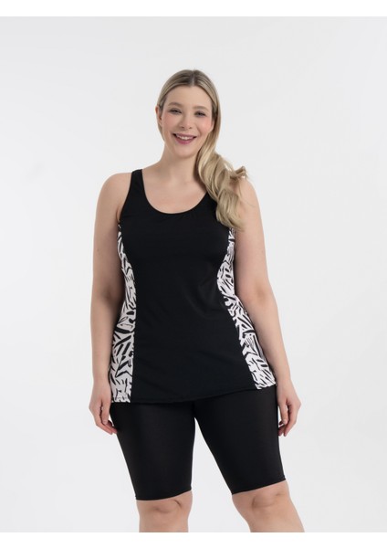 Aquaviva Kadın Siyah Beyaz Desen Büyük Beden Şortlu Tankini