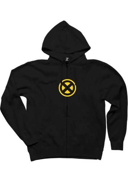 x Men Yellow Logo Siyah Fermuarlı Kapşonlu Sweatshirt