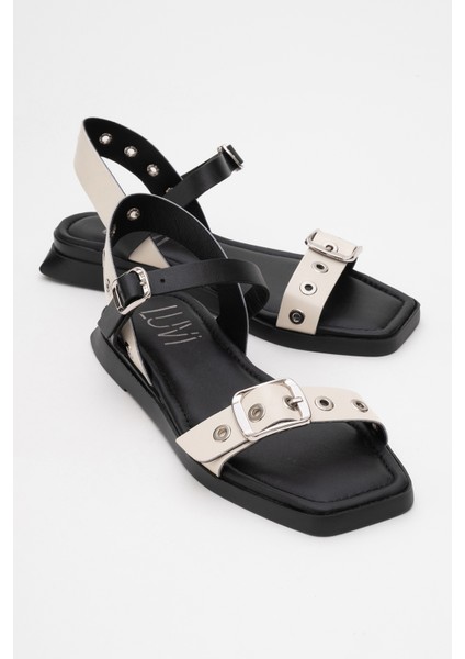 Mozes Siyah-Bej Hakiki Deri Kadın Sandalet