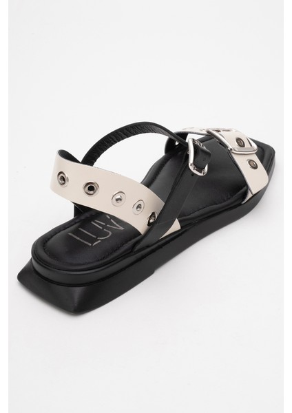 Mozes Siyah-Bej Hakiki Deri Kadın Sandalet