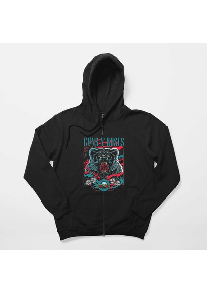 Guns N Roses Bear Siyah Fermuarlı Kapşonlu Sweatshirt