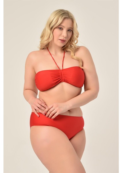 Kadın Büyük Beden Kırmızı Straplez Boyundan Bağlı Bikini Takımı